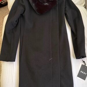 DKNY Black Trench Coat with Faux Fur Collar